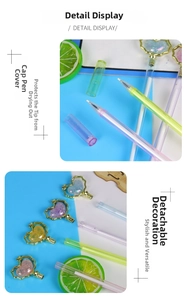 Detail of crystal heart topper and capped design on Macaron colored gel pens