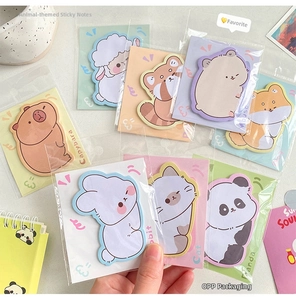 Detailed view of cute cartoon animal sticky notes in various shapes with opp packaging