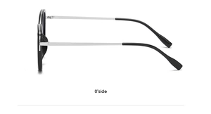 Side view of cat-eye sunglasses with black frame and silver metal temples