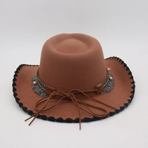 Detail of brown wool fedora hat featuring colorful woven band and wooden bead fringe accents