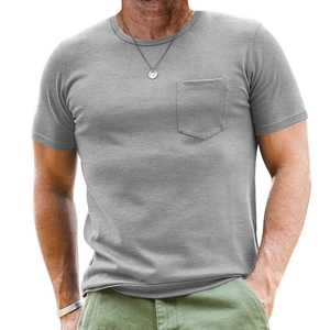 Close-up of grey cotton Henley T-shirt featuring a front pocket and buttoned neckline
