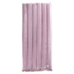 Pink satin heatless hair curlers set packed in a transparent plastic bag macro view