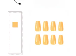 Macro view of eight bright yellow glossy coffin nails on a clean white background