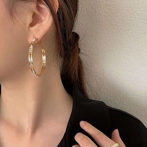 Golden double-hoop earrings with sparkling pavé crystals on a female model