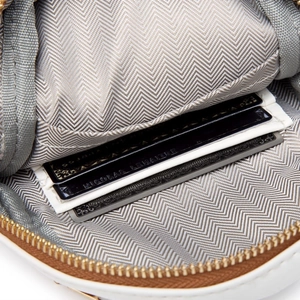 White faux leather crossbody bag with golden zipper and herringbone interior card slots