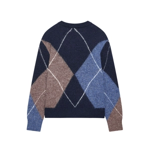 Women Argyle Knit Sweater Round Neck Long Sleeve Pullover Polyester Retro Preppy Style Casual Top