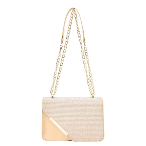 Champagne gold woven leather chain shoulder bag for women with metallic edge and minimalist design