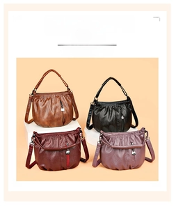 Chic ruched handbags in brown, black, wine red, and purple grey on geometric stands