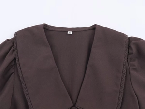 Detail of V-neck collar with lace trim and S size tag on brown puff sleeve top