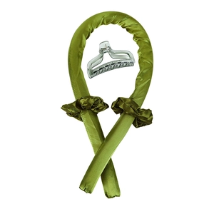 Green satin heatless hair curler set with two scrunchies and a transparent claw clip