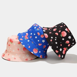 Bucket Hat Reversible Cotton Canvas Peach Floral Print Wide Brim Sun Protection Casual Fisherman Cap