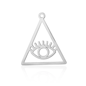 Macro shot of silver stainless steel all-seeing eye triangular charm pendant for jewelry