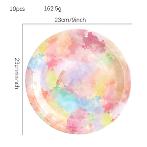 Detail of 9 inch watercolor disposable paper plates set for festive party tableware