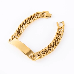 Polished gold curb chain ID bracelet with a blank engravable plate for couples