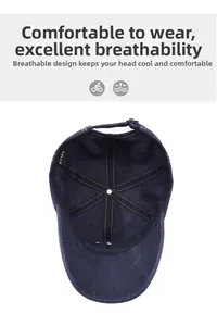 Detail of navy washed cotton baseball cap interior with breathable six-panel construction
