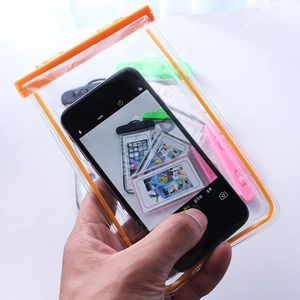 Waterproof phone pouch with orange seal and clear PVC window for underwater touch screen use