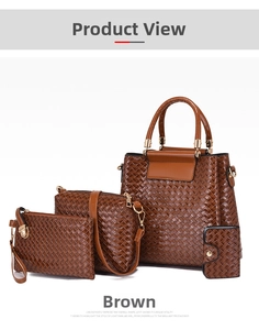 Brown woven texture handbag 4-piece set featuring large tote and small wallets with gold hardware