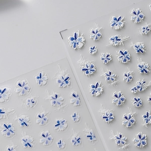 5D stereoscopic 3D floral nail art stickers with elegant blue hand-painted ink flowers