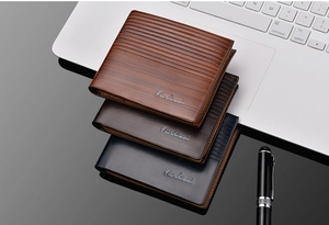 Detailed view of three striped men's bifold wallets in brown, coffee, and navy colors