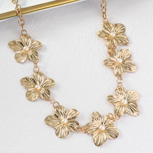 Elegant gold flower body chain with white faux pearls for vintage beach style