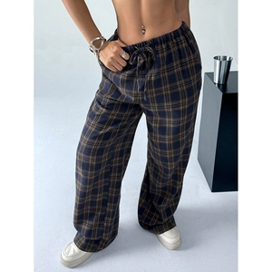 Women's classic plaid straight-leg trousers with drawstring elastic waist in dark blue