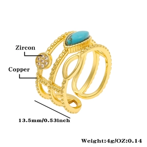 Detail of multi-layer gold ring with turquoise stone and zircon on white background