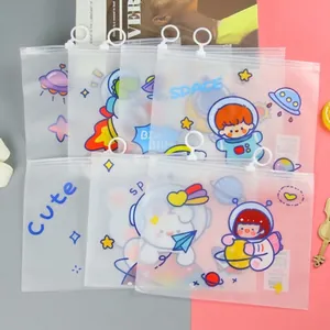 Cute Space Astronaut Cartoon Pencil Case Frosted PP Plastic Stationery Storage Bag With Ring Pull Zipper Portable Organizer