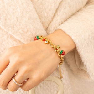 Strawberry Pendant Bracelet Stainless Steel 18K Gold Plated Enamel Fruit Beads Rhinestone Sweet Jewelry For Women