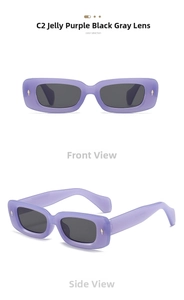 Detail view of rectangular jelly purple sunglasses with silver studs and dark grey lenses