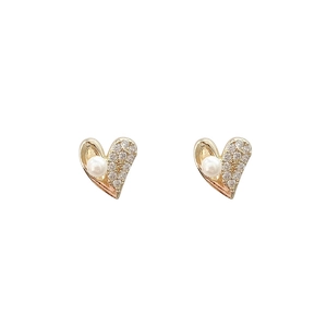 Elegant minimalist heart-shaped stud earrings with micro-pave zircons and pearls