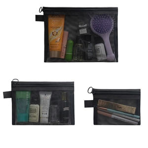 Three-piece set of black nylon mesh makeup bags for travel storage and stationery use
