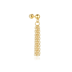 Detailed view of gold tassel stud earring featuring metal chains and double spheres