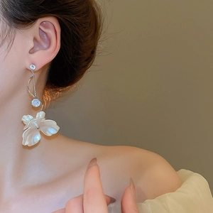 Gros plan de boucles d'oreilles à pampilles en perles et zircons sur un mannequin