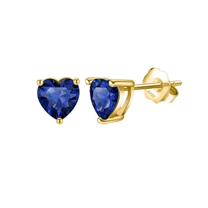 Macro detail of S925 sterling silver stamp on golden heart studs with blue zircon