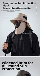 Close-up of wide brim sun hat featuring breathable mesh face mask and neck protection flap