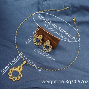 Detailed size specifications for gold geometric necklace and earrings set with measurements