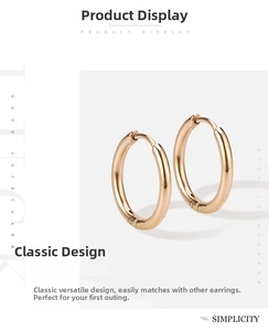 Close-up of classic rose gold stainless steel hoop earrings with polished finish and snap closure