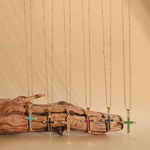 14K gold plated cross pendant necklace with colorful zircon stones in vintage style