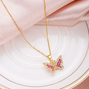 Elegant gold titanium steel necklace with a sparkling pink zircon butterfly pendant