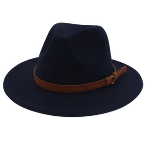 Macro detail of navy wool fedora with brown faux leather belt and metal buckle