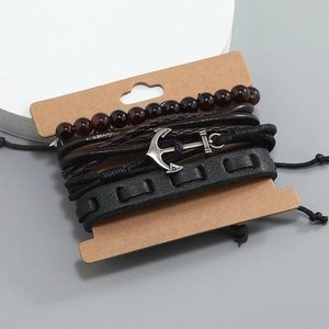 Multilayer vintage leather anchor bracelet set with woven ropes and beads on display card