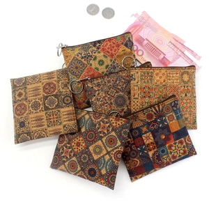 Vintage cork print coin purses with diverse ethnic patterns and metal ring handles