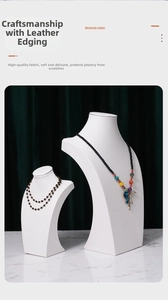 Macro view of white leather jewelry bust displays showing exquisite edge stitching details