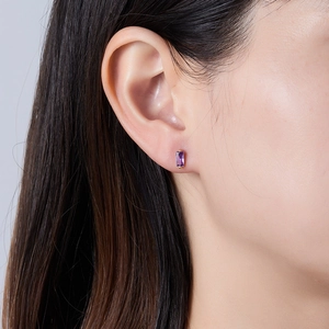 Close-up of S925 silver rectangle purple crystal stud earrings with gold plating