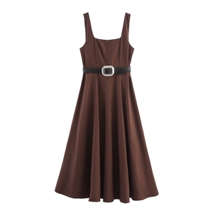 Robe Midi Sans Manches À Col Carré Pour Femmes Avec Ceinture Marron Polyester Ligne A Élégante Décontractée