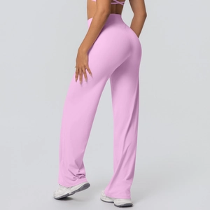 Rear view of pink high-waisted wide-leg yoga pants with a tummy control waistband