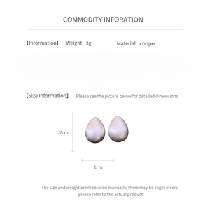 Detailed spec sheet showing 1.2cm x 1cm teardrop earrings in polished copper material