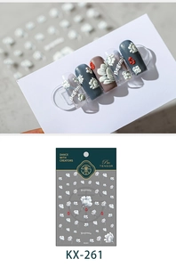 Detail view of KX-261 3D white flower embossed nail stickers with Begonia floral motifs