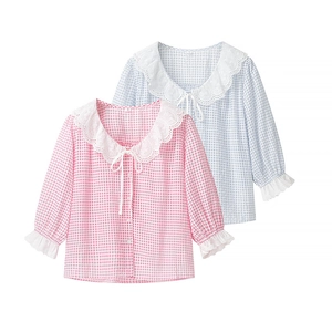 Pink and blue plaid shirts with lace embroidery collar and ribbon bow ties