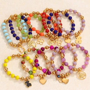 Natural Stone Titanium Steel Beaded Elastic Bracelet For Women Gold Charm Bracelet Heart Bear Tree Of Life Jewelry Gift